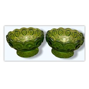 Vintage Indiana Glass Avocado Green Scalloped Edge Candy Dishes Set of 2 3” Tall